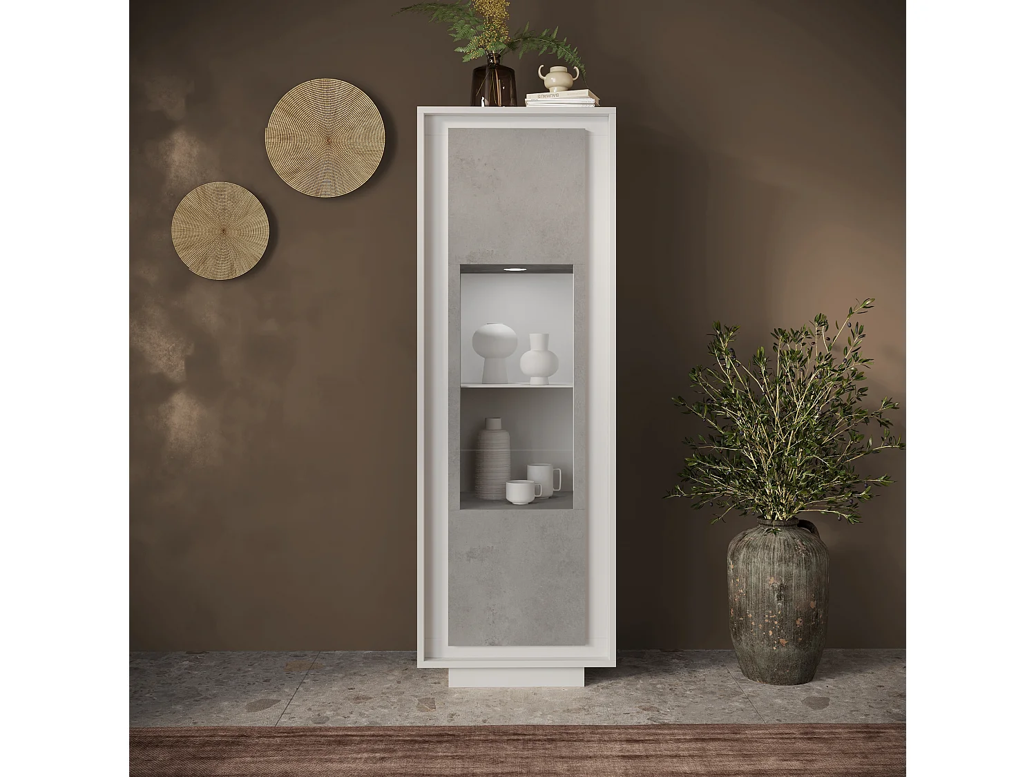 Vetrina moderna per soggiorno 67x197 cm con LED bianco opaco e cemento VL10
