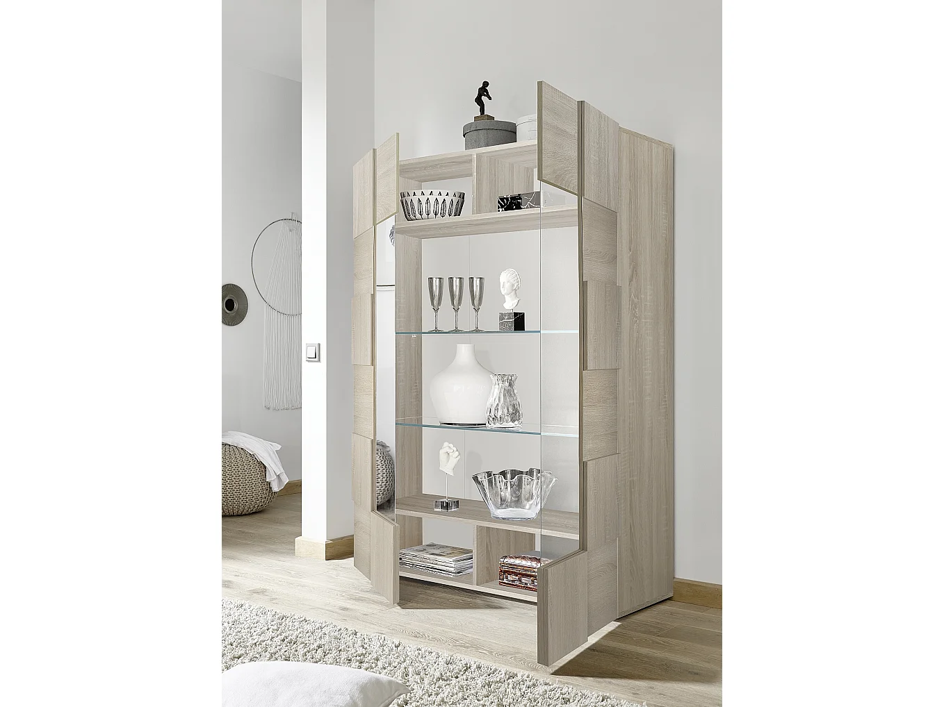 Vetrina grande con due ante design geometrico 121x166 VL3 rovere samoa