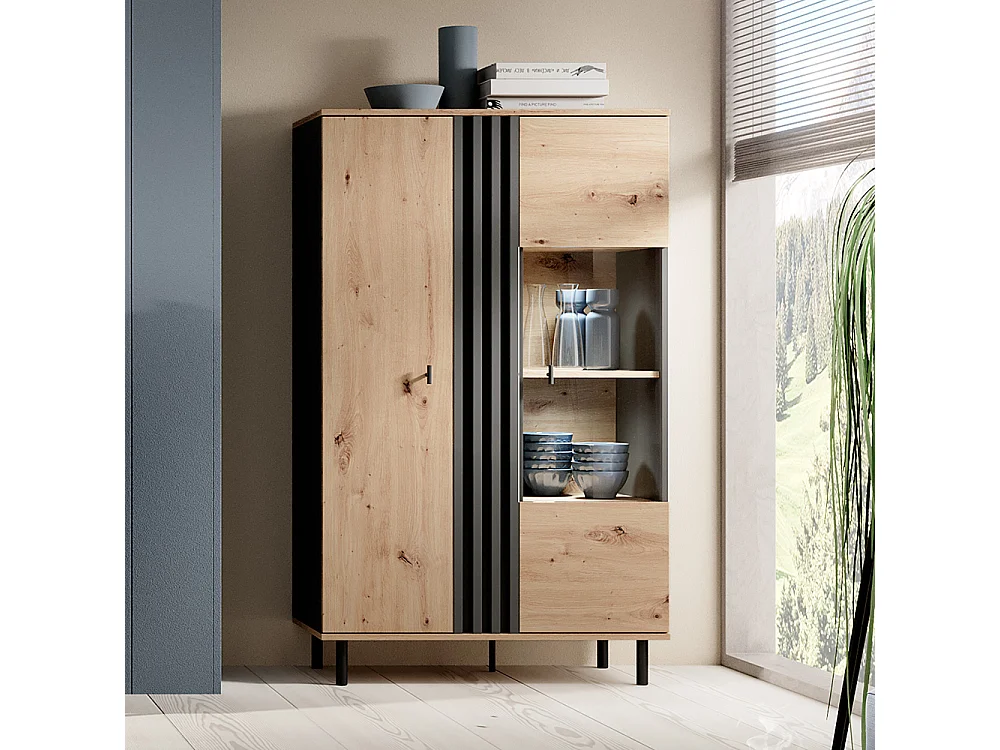 Vetrina 90x150cm con LED nero e rovere chiaro VLK10