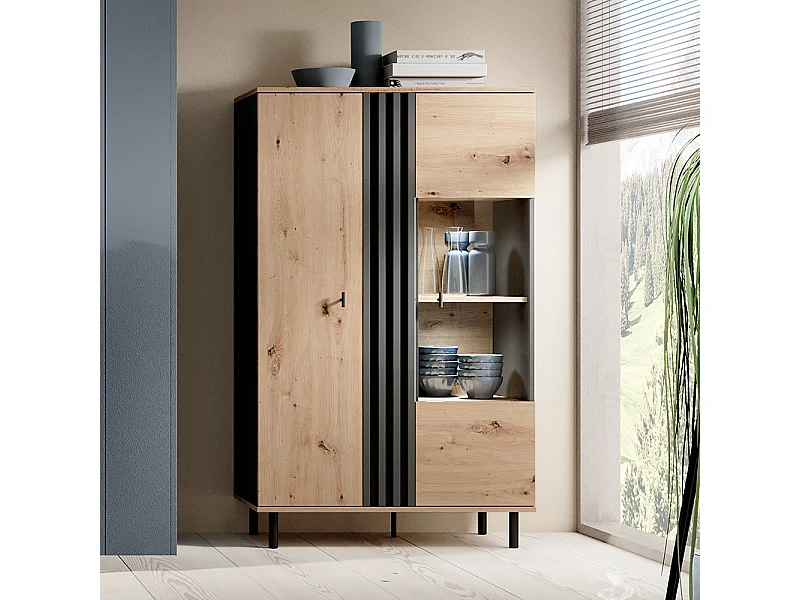 Vetrina 90x150cm con LED nero e rovere chiaro VLK10