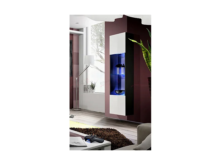 Vetrina a parete design moderno con luci LED VP10 40x170 nero e bianco lucido