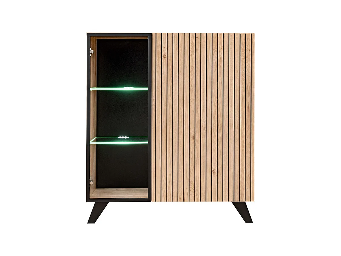Vetrinetta bassa moderna con illuminazione LED 90x102 VP25 rovere e stampa a strisce nere