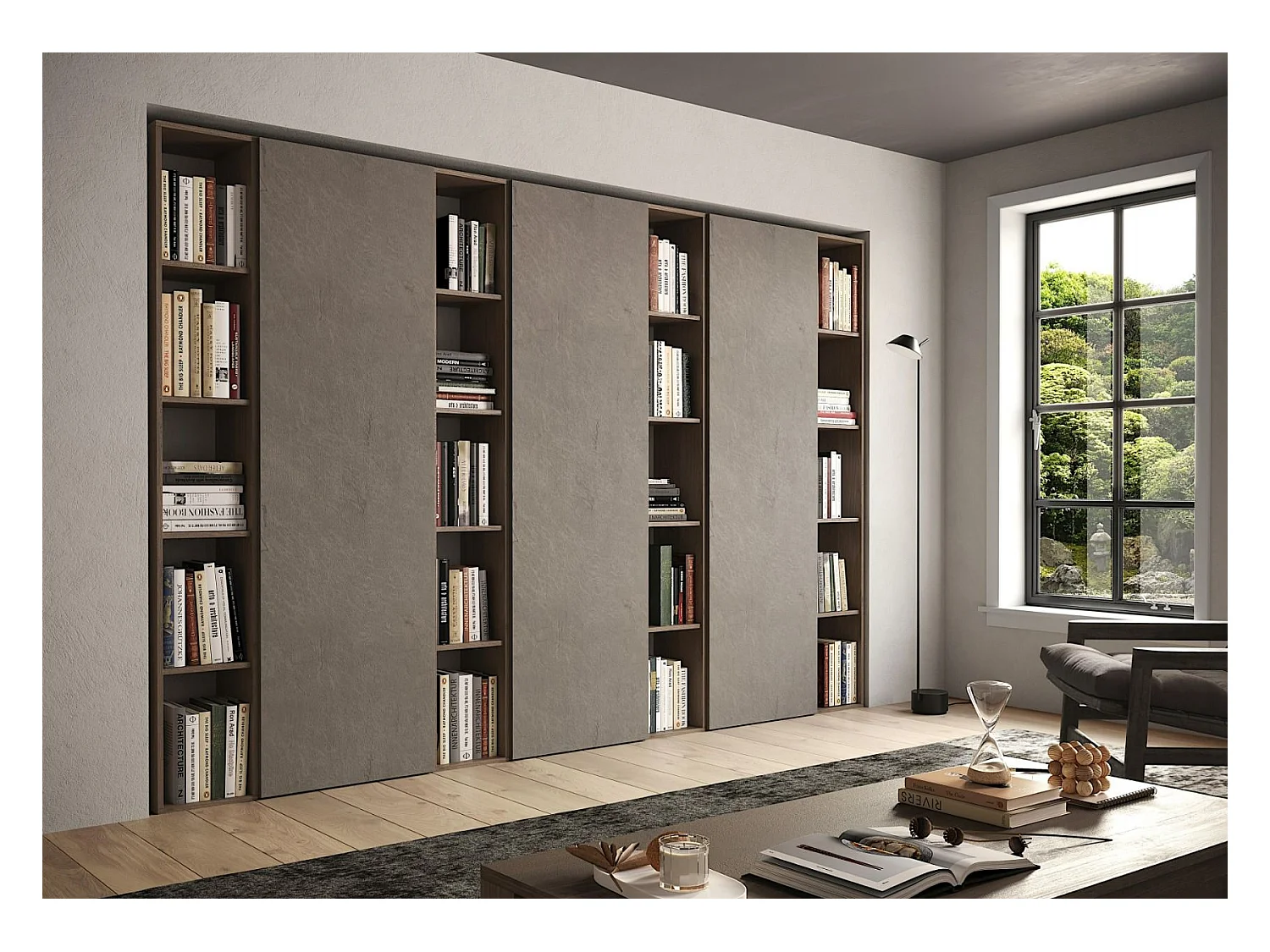 Libreria elegante a parete 274x186 cm bronzo e noce LBL4