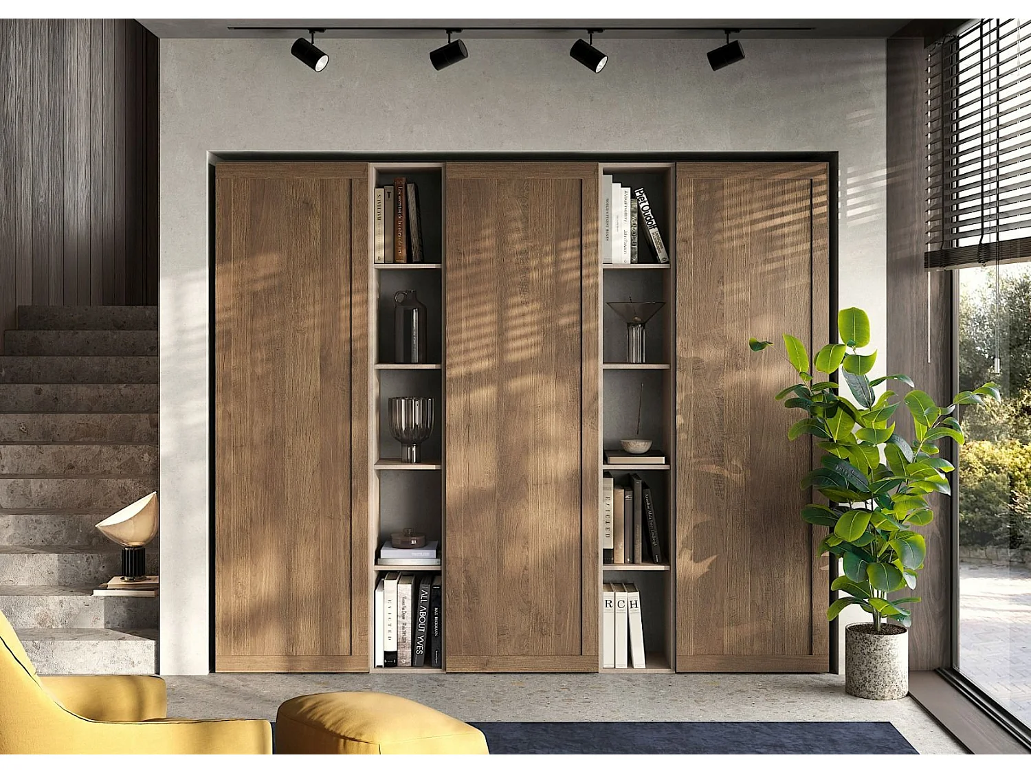Libreria a parete per soggiorno 218x186 cm beige e noce LBL3