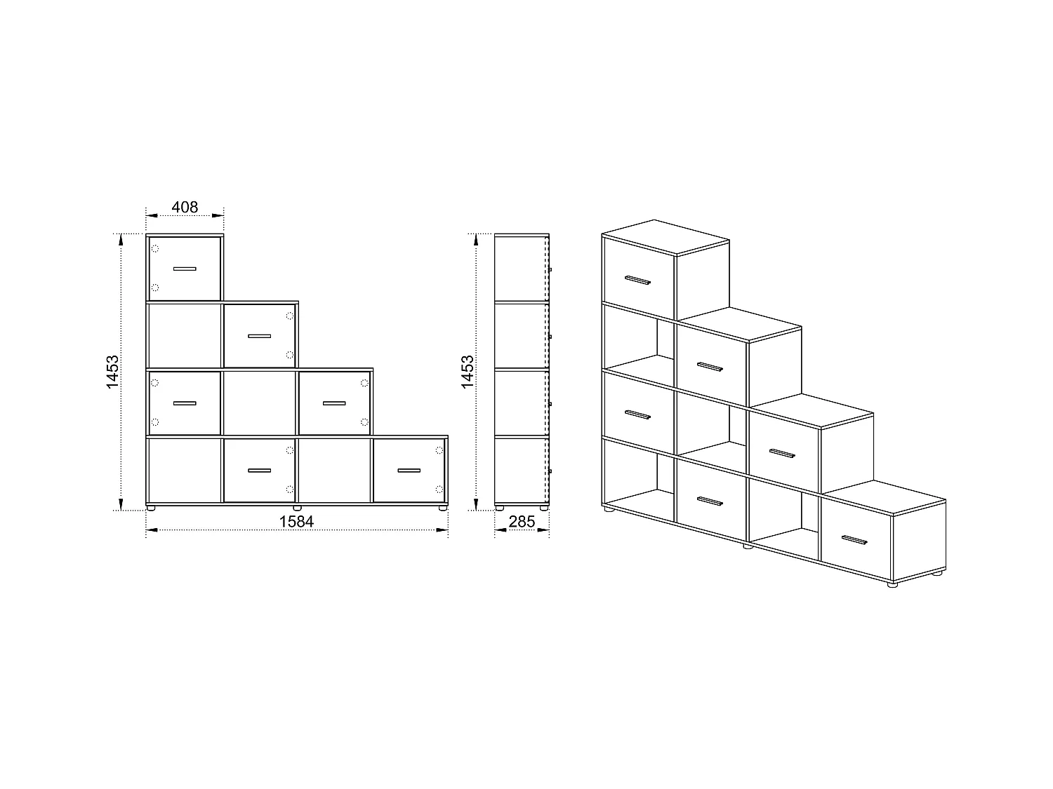 libreria a giorno per salotto con sei cassetti LB1 158,4x145,3 rovere scuro