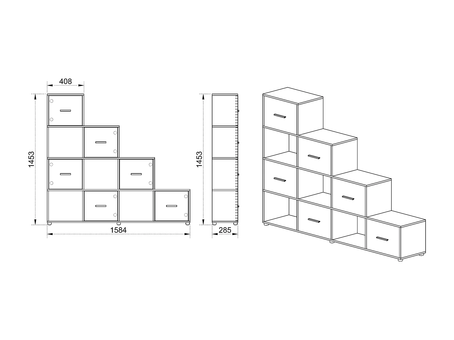 libreria a giorno per salotto con sei cassetti LB1 158,4x145,3 rovere scuro