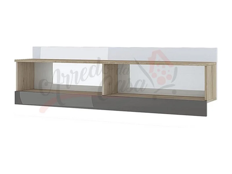 mensola a cubo design moderno da salotto con due vani a giorno MI4 150x43,6 rovere e grigio lucido