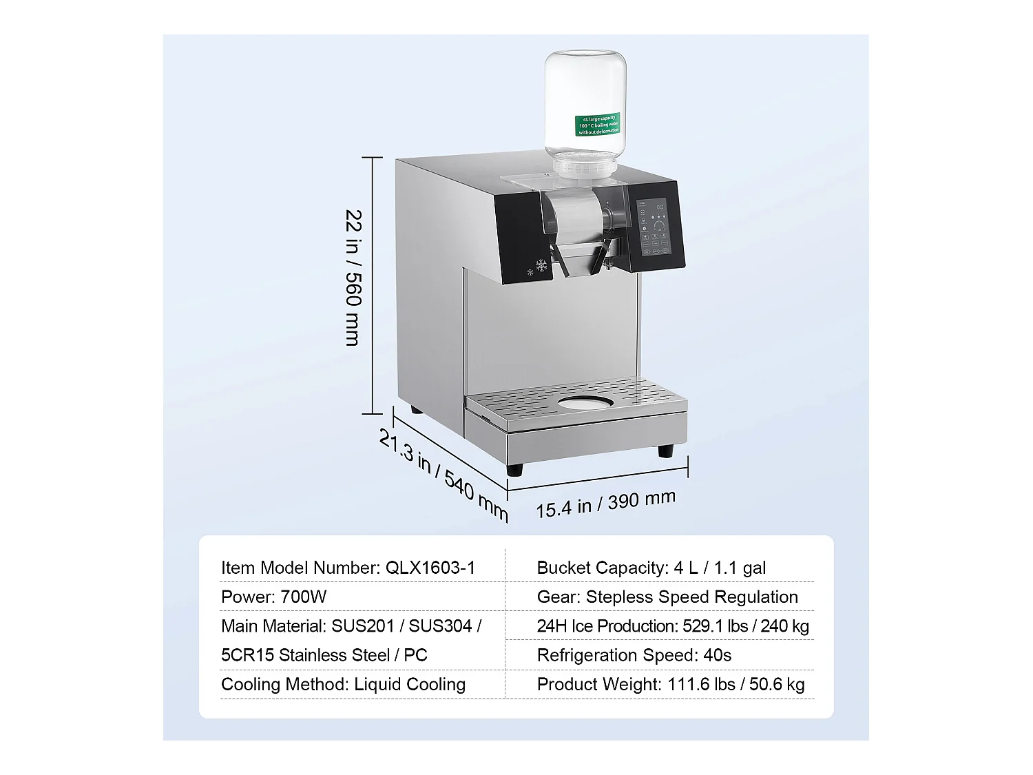 Machine à Glace Commerciale en Flocons de Neige SucceBuy, Sorbetière Capacité de 4 L, Jusqu'à 240 kg/24H en Acier Inoxydable pour Crème Glacée