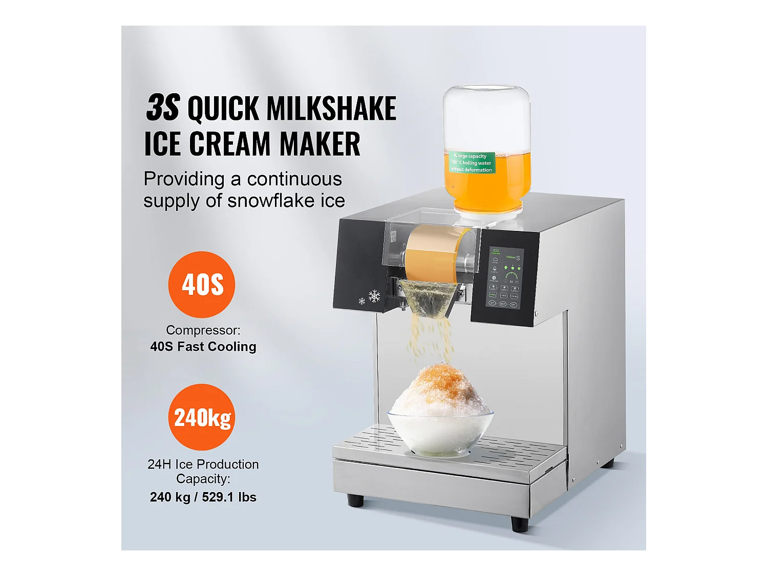 Machine à Glace Commerciale en Flocons de Neige SucceBuy, Sorbetière Capacité de 4 L, Jusqu'à 240 kg/24H en Acier Inoxydable pour Crème Glacée