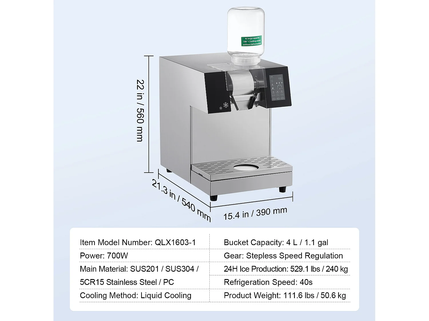 Machine à Glace Commerciale en Flocons de Neige SucceBuy, Sorbetière Capacité de 4 L, Jusqu'à 240 kg/24H en Acier Inoxydable pour Crème Glacée