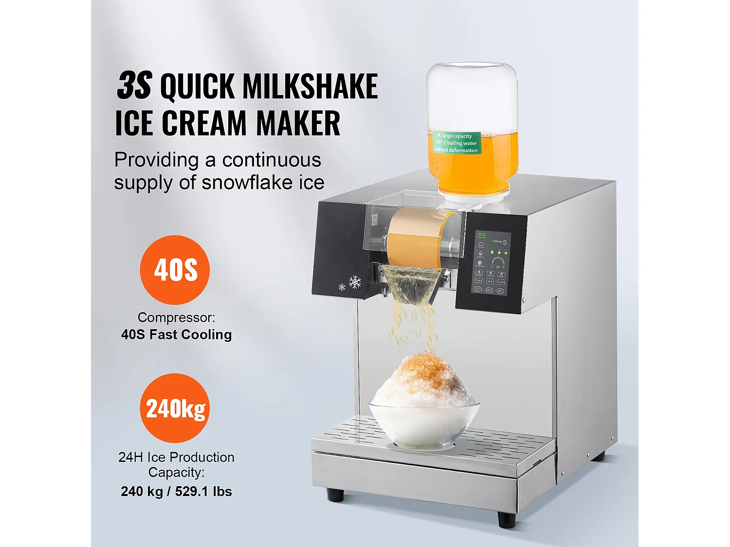 Machine à Glace Commerciale en Flocons de Neige SucceBuy, Sorbetière Capacité de 4 L, Jusqu'à 240 kg/24H en Acier Inoxydable pour Crème Glacée