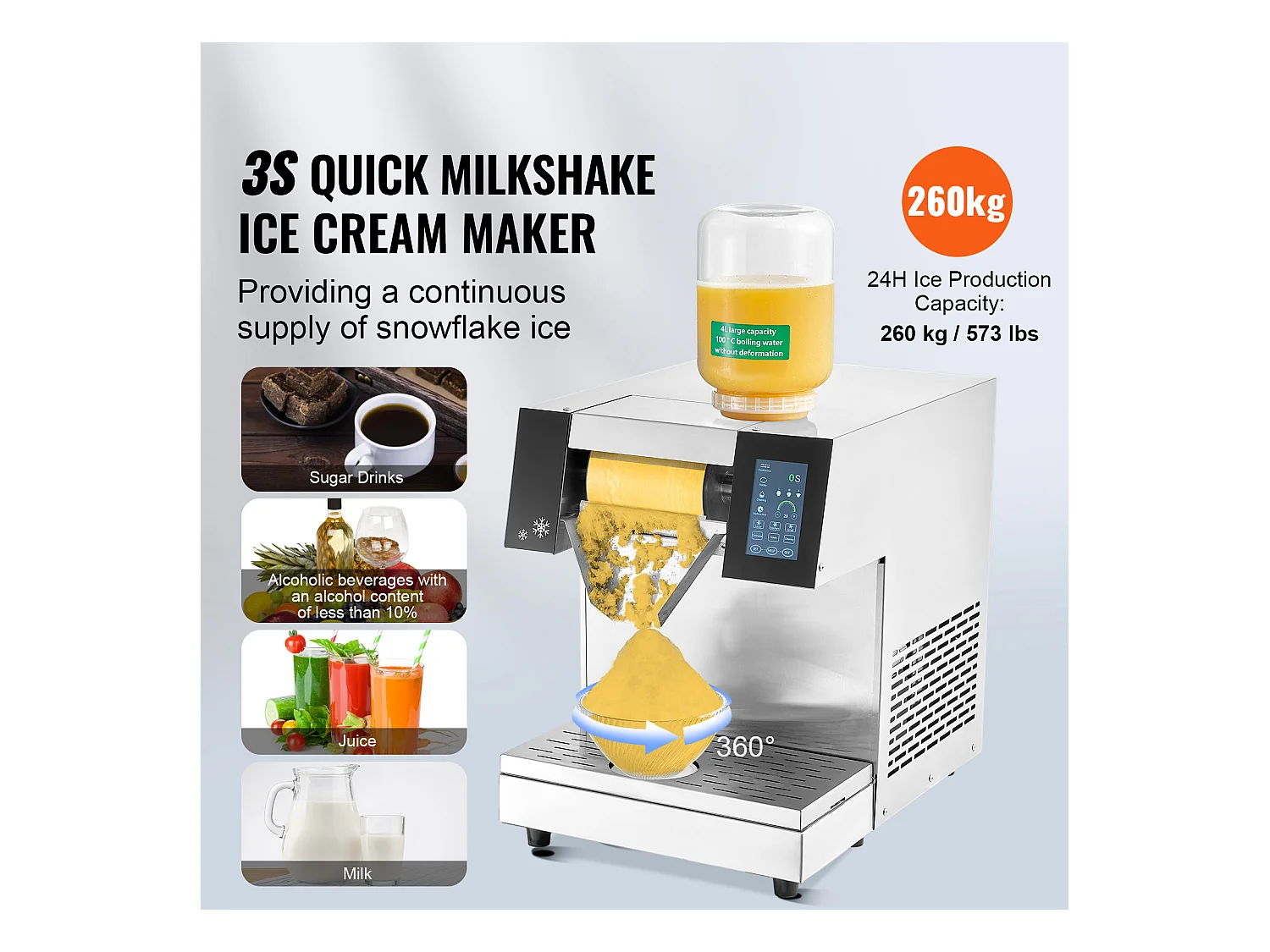 Machine à Glace Commerciale en Flocons de Neige SucceBuy, Sorbetière Capacité de 4 L,  Jusqu'à260 kg/24H en Acier Inoxydable pour Crème Glacée