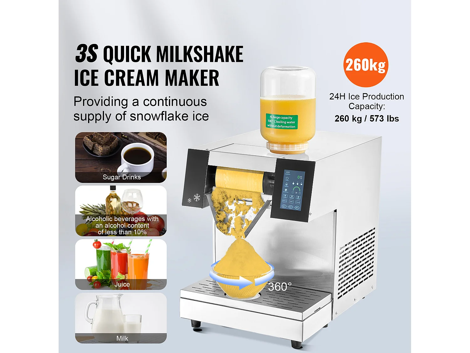 Machine à Glace Commerciale en Flocons de Neige SucceBuy, Sorbetière Capacité de 4 L,  Jusqu'à260 kg/24H en Acier Inoxydable pour Crème Glacée