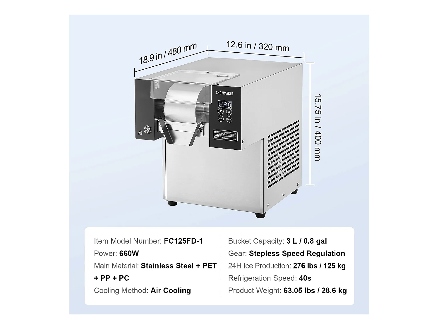 Machine à Glace Commerciale en Flocons de Neige SucceBuy, 125 kg/24H en Acier Inoxydable pour Crème Glacée