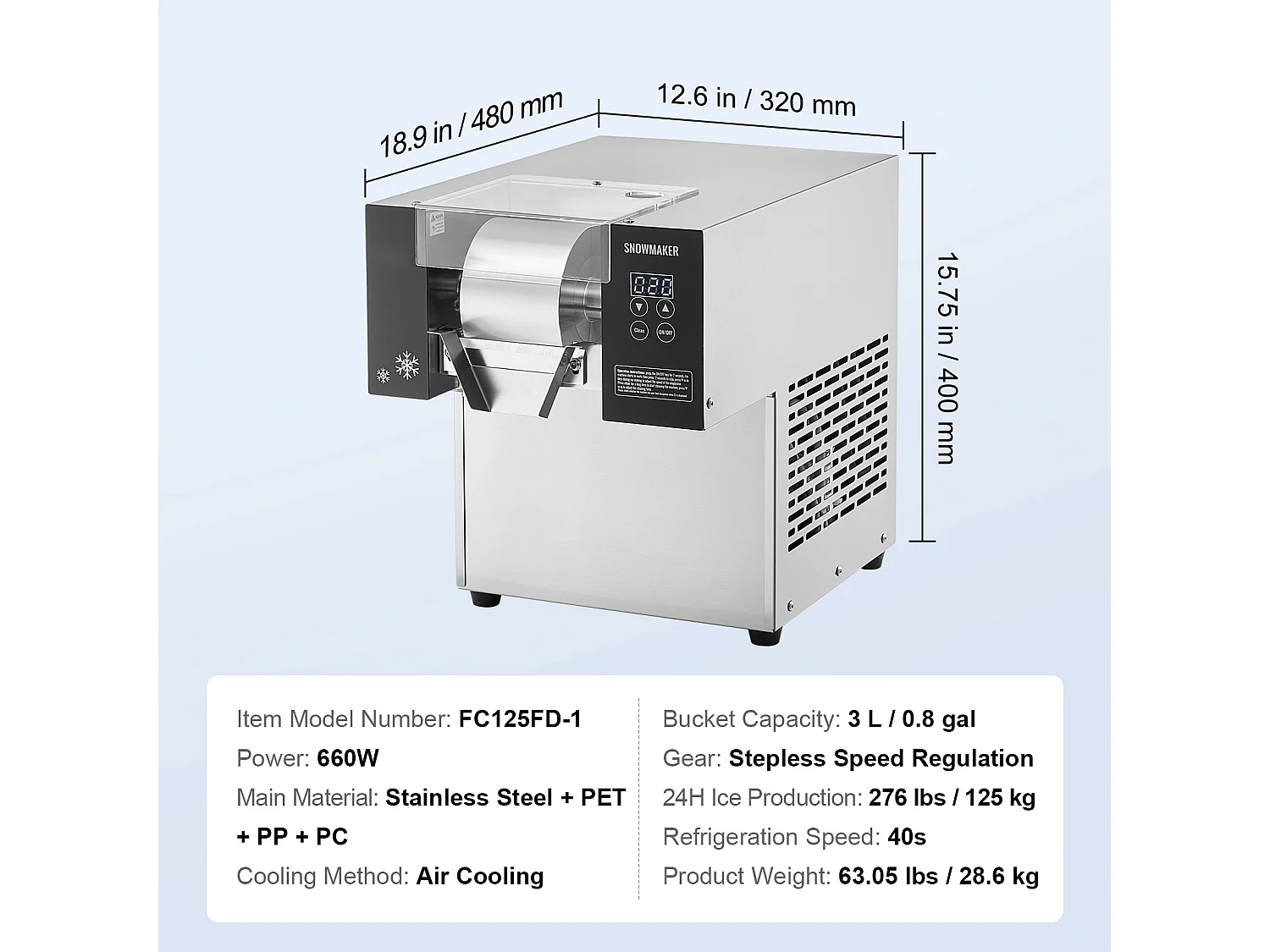 Machine à Glace Commerciale en Flocons de Neige SucceBuy, 125 kg/24H en Acier Inoxydable pour Crème Glacée