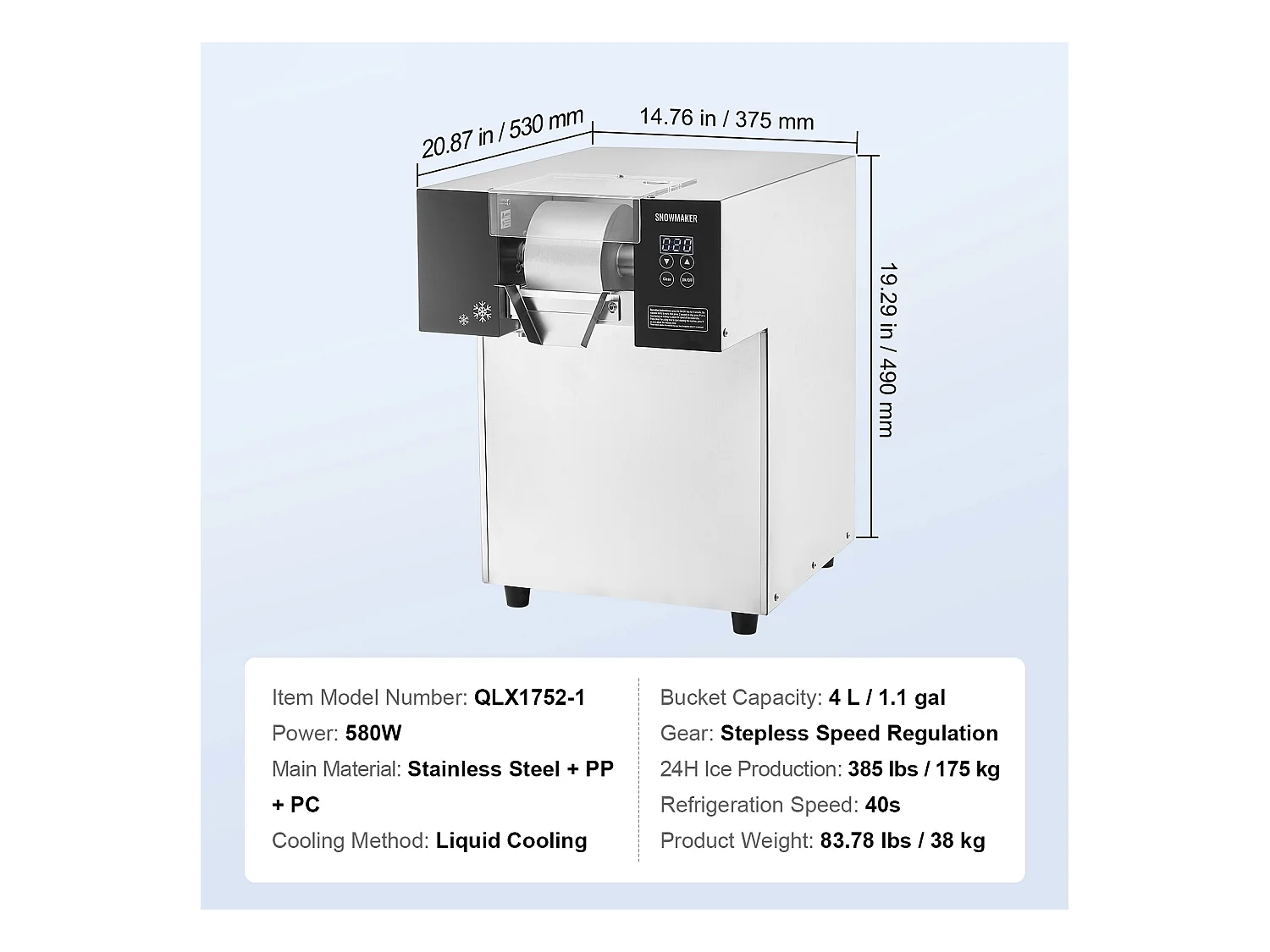 Machine à Glace Commerciale en Flocons de Neige SucceBuy, Sorbetière avec Capacité de 4 L, Jusqu'à 175 kg/24H en Acier Inoxydable pour Crème Glacée