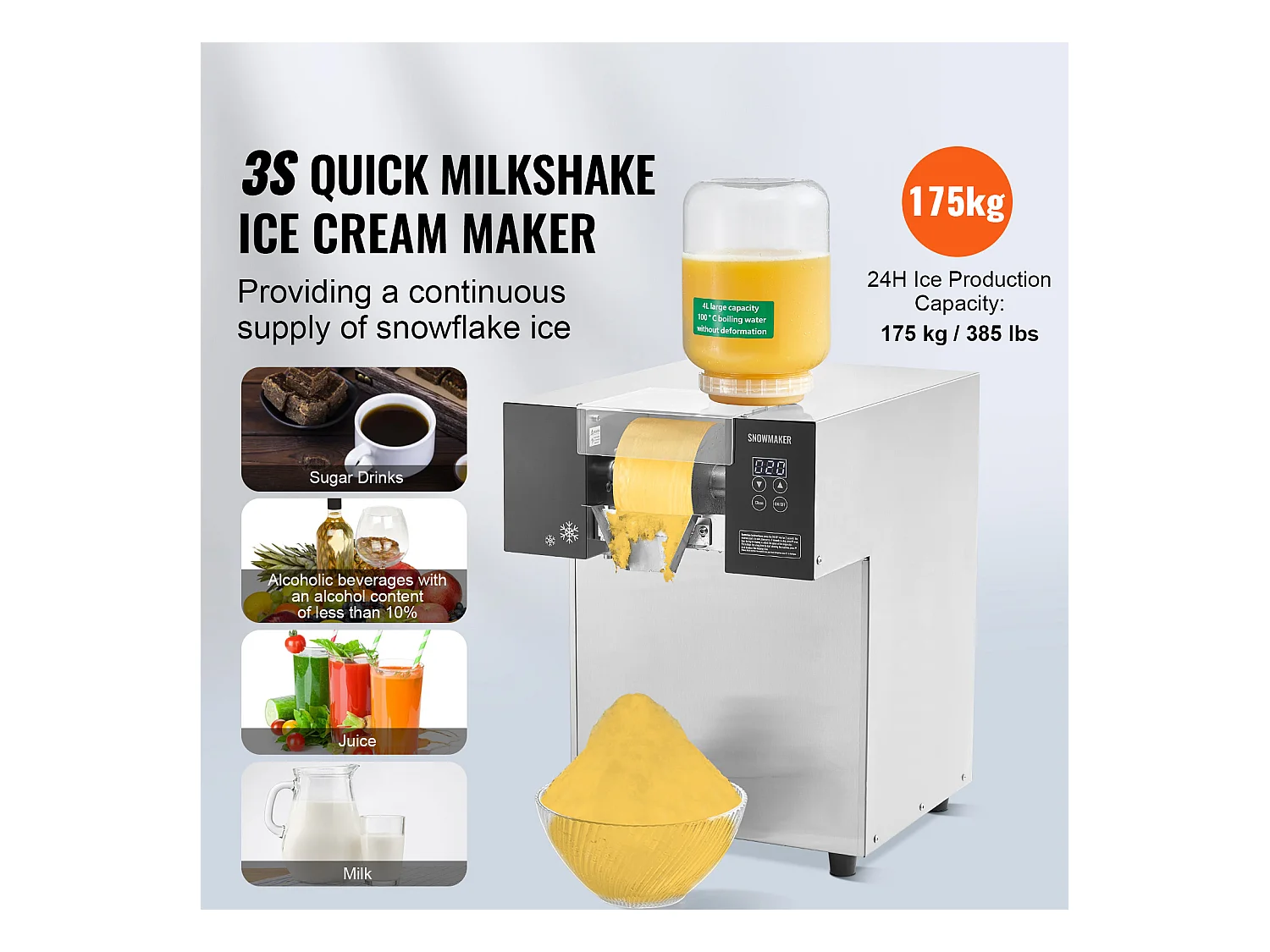 Machine à Glace Commerciale en Flocons de Neige SucceBuy, Sorbetière avec Capacité de 4 L, Jusqu'à 175 kg/24H en Acier Inoxydable pour Crème Glacée