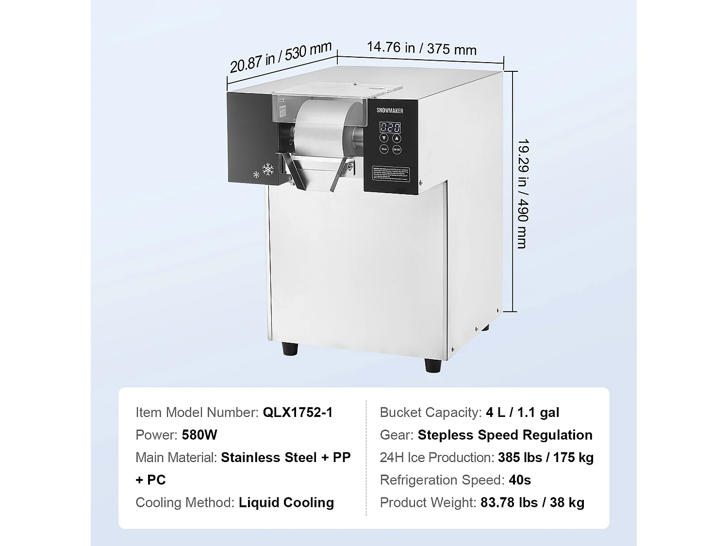 Machine à Glace Commerciale en Flocons de Neige SucceBuy, Sorbetière avec Capacité de 4 L, Jusqu'à 175 kg/24H en Acier Inoxydable pour Crème Glacée