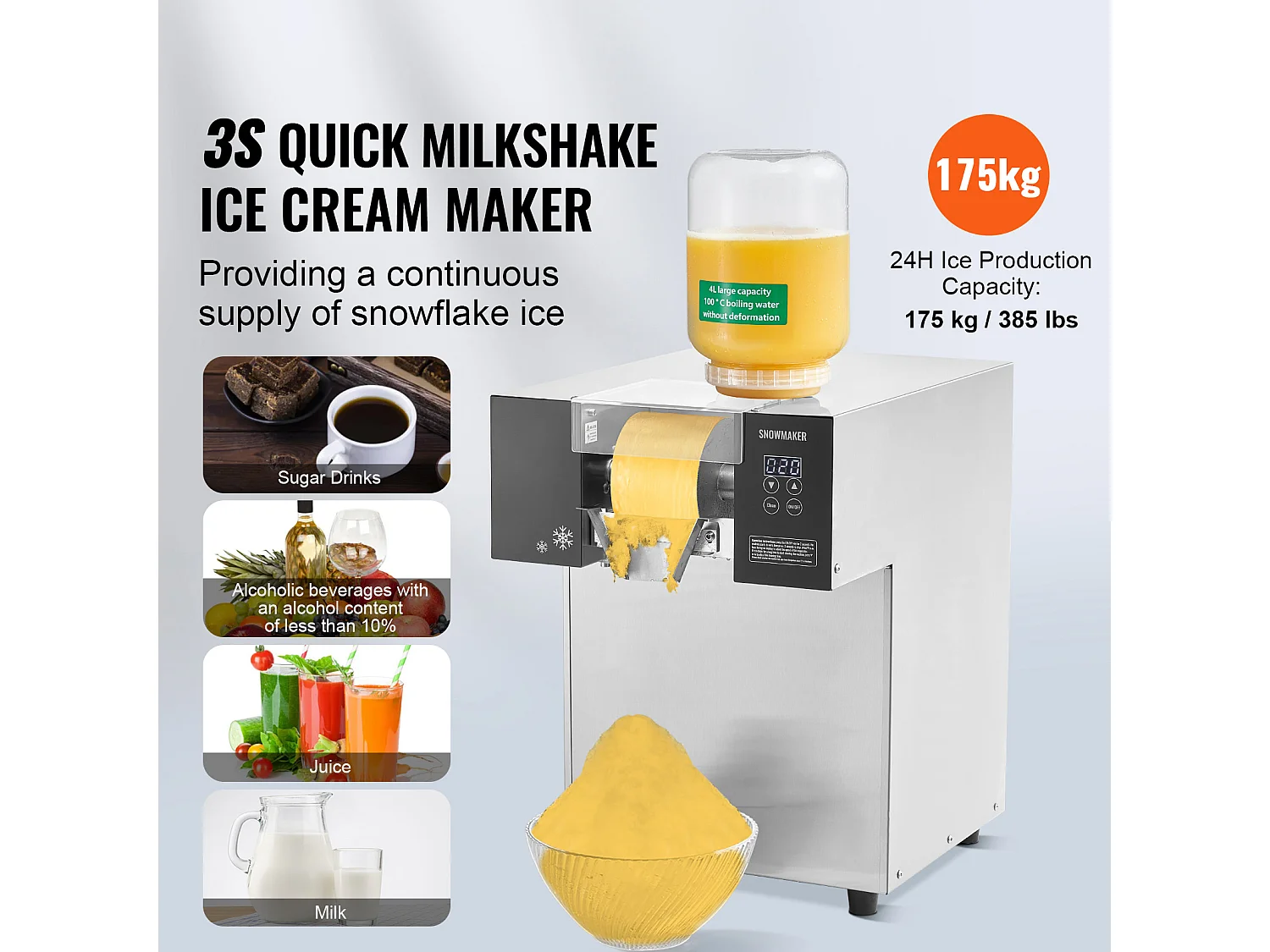 Machine à Glace Commerciale en Flocons de Neige SucceBuy, Sorbetière avec Capacité de 4 L, Jusqu'à 175 kg/24H en Acier Inoxydable pour Crème Glacée