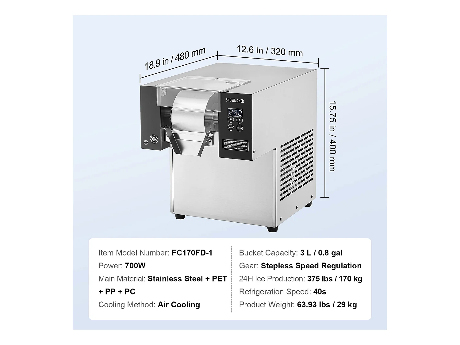 Machine à Glace Commerciale en Flocons de Neige SucceBuy, Sorbetière Capacité de 3 L, Jusqu'à 375 lb / 170 kg 170 kg/24H en Acier Inoxydable pour Crème Glacée