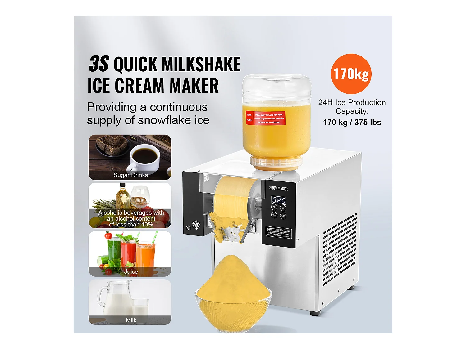 Machine à Glace Commerciale en Flocons de Neige SucceBuy, Sorbetière Capacité de 3 L, Jusqu'à 375 lb / 170 kg 170 kg/24H en Acier Inoxydable pour Crème Glacée