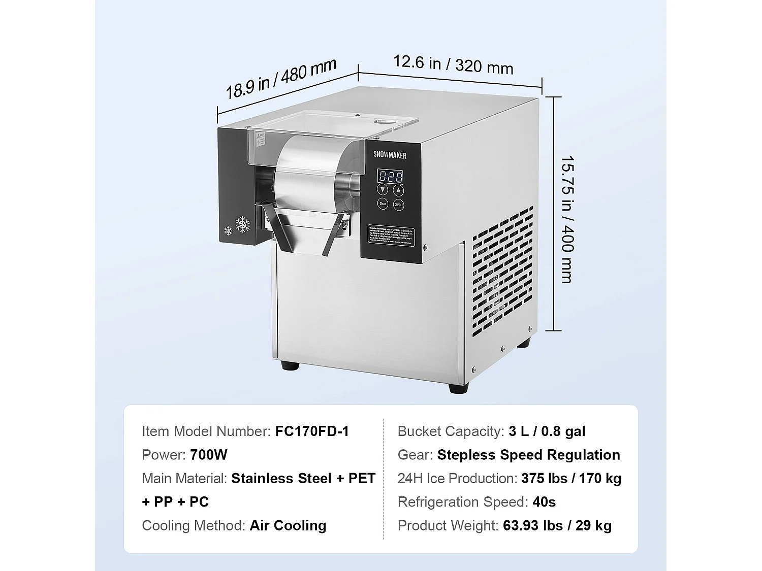 Machine à Glace Commerciale en Flocons de Neige SucceBuy, Sorbetière Capacité de 3 L, Jusqu'à 375 lb / 170 kg 170 kg/24H en Acier Inoxydable pour Crème Glacée