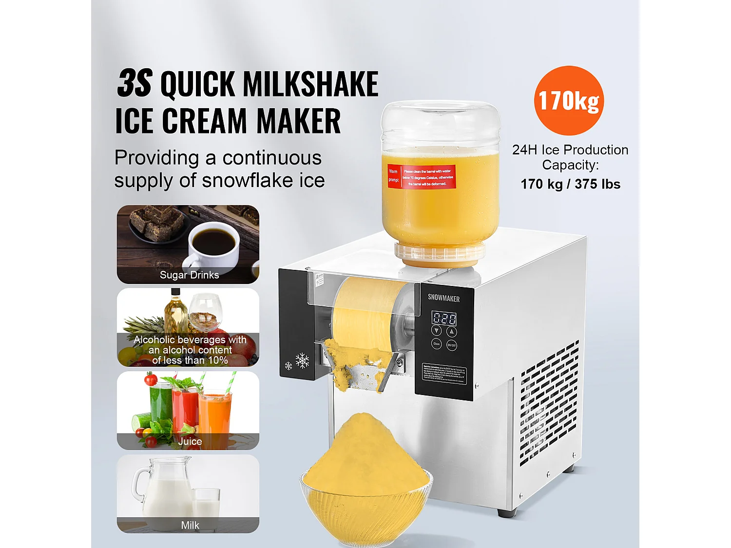Machine à Glace Commerciale en Flocons de Neige SucceBuy, Sorbetière Capacité de 3 L, Jusqu'à 375 lb / 170 kg 170 kg/24H en Acier Inoxydable pour Crème Glacée