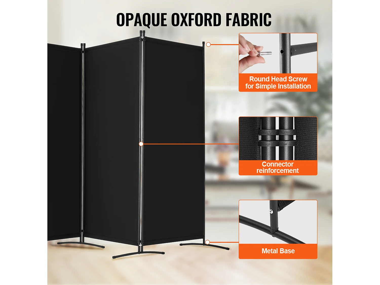 Cloison de Séparation SucceBuy Séparateur de Pièce à 4 Panneaux, écran de Confidentialité en Tissu pour Bureau, Chambre à Coucher, Noir