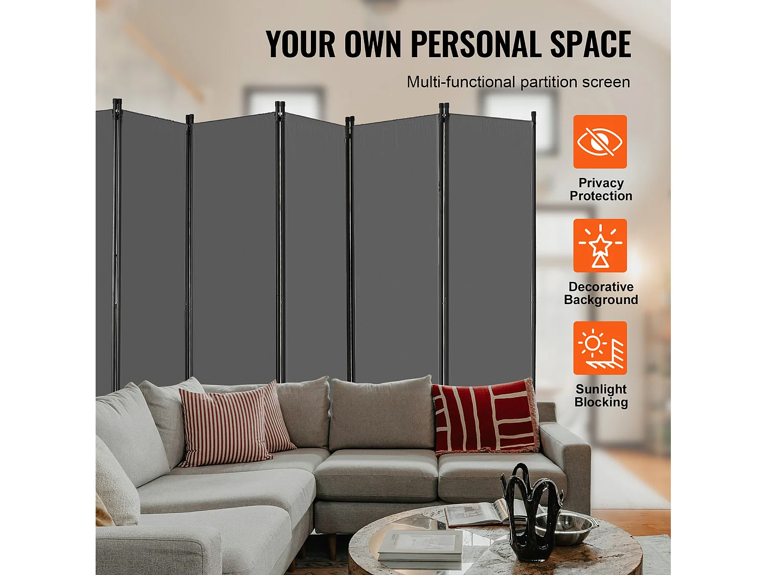 Cloison de Séparation à 6 Panneaux SucceBuy, écran de Confidentialité en Tissu pour Bureau, Chambre à Coucher, Gris