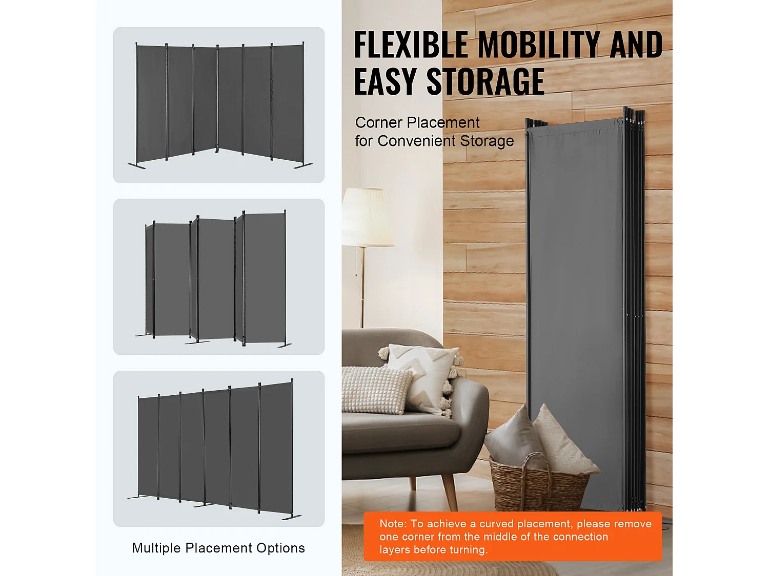 Cloison de Séparation à 6 Panneaux SucceBuy, écran de Confidentialité en Tissu pour Bureau, Chambre à Coucher, Gris