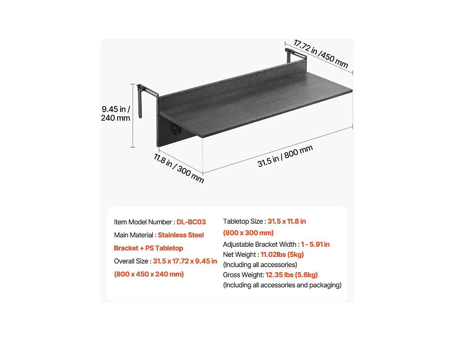 Table Suspendue de Balcon, SucceBuy Table de Bar Pliante pour Balcon 30 × 81 cm, Table de Service pour Patio Extérieur