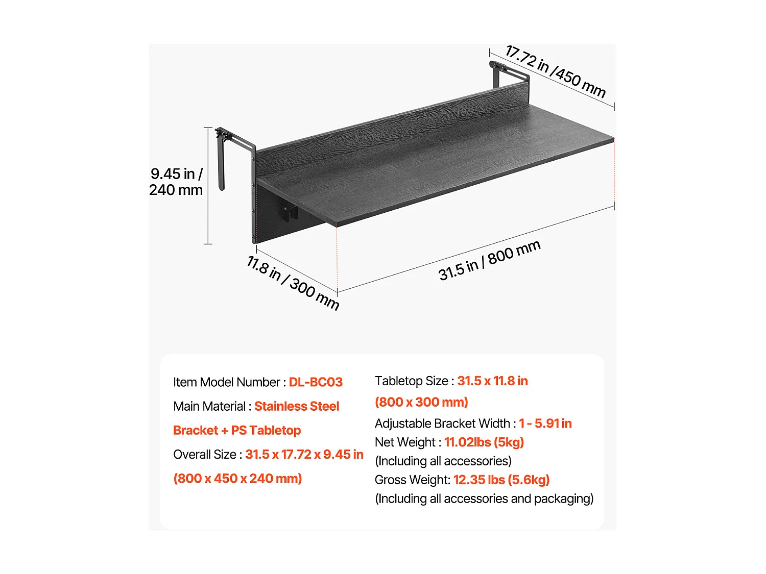 Table Suspendue de Balcon, SucceBuy Table de Bar Pliante pour Balcon 30 × 81 cm, Table de Service pour Patio Extérieur