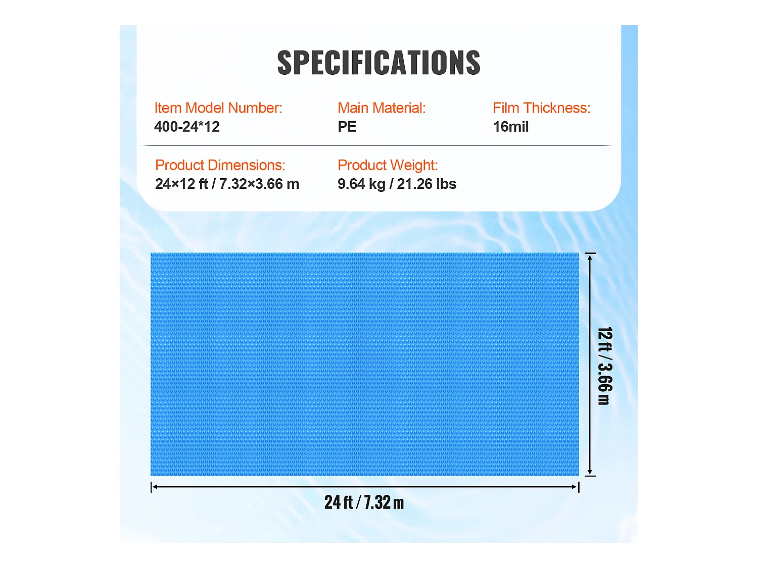 Poolabdeckung, SucceBuy Solar-Poolabdeckung, 7.32 × 3.66 m, 0.04 cm Solardecke für Eingebaute und Oberirdische Pools