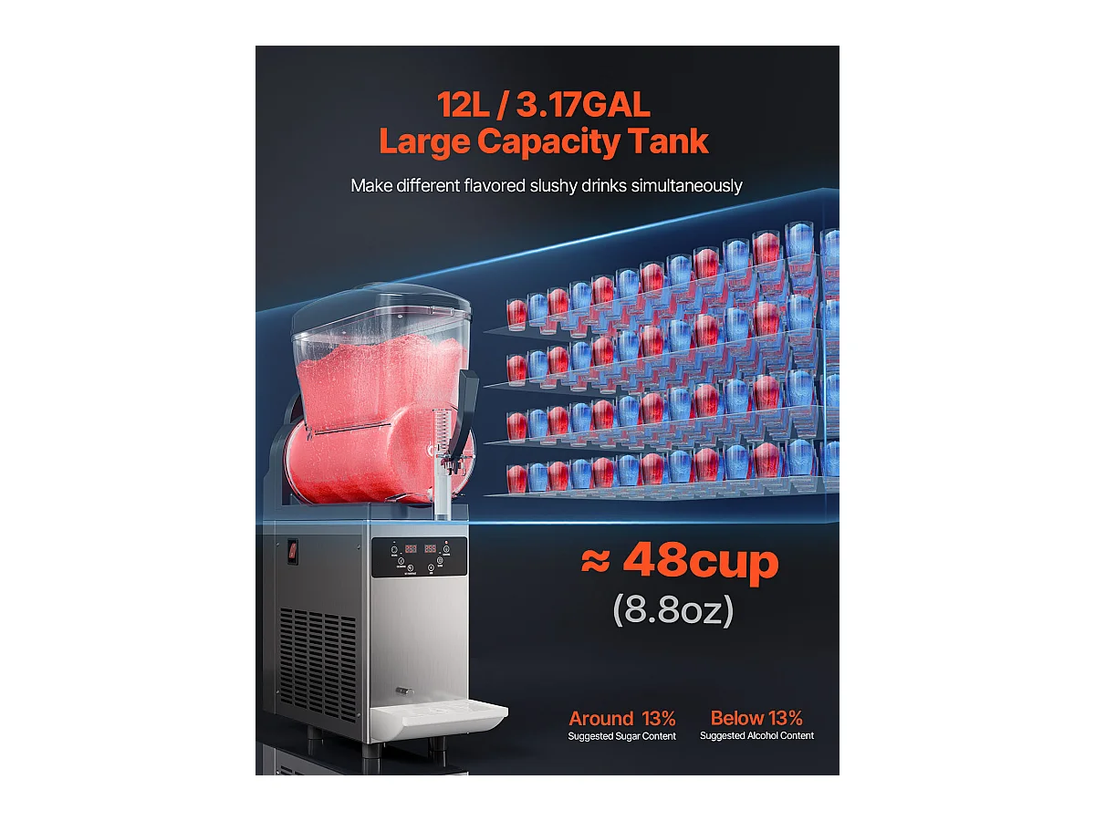 Machine à Granité Commerciale SucceBuy, 12 L, Machine à Smoothie Margarita, Machine à Boissons Glacées à Réservoir Unique en Acier Inoxydable