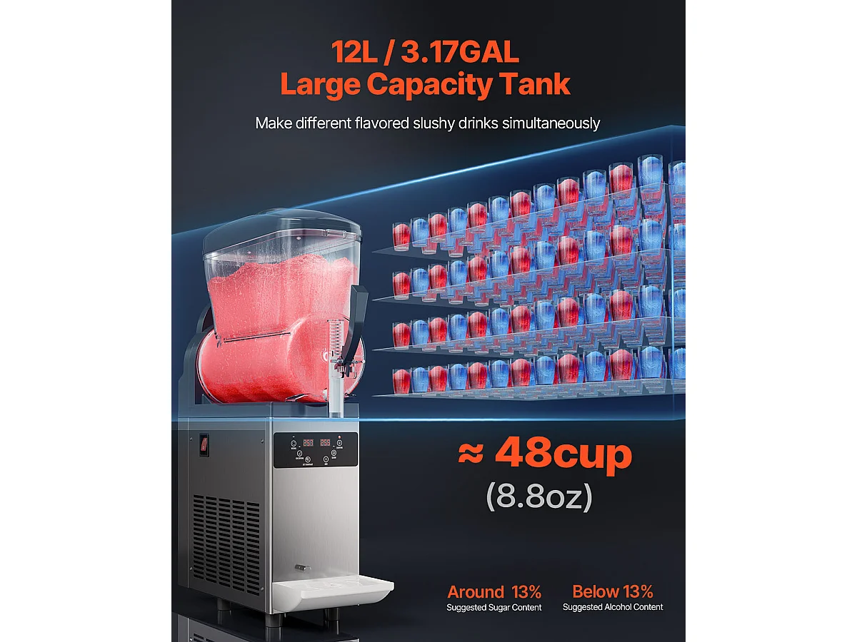 Machine à Granité Commerciale SucceBuy, 12 L, Machine à Smoothie Margarita, Machine à Boissons Glacées à Réservoir Unique en Acier Inoxydable