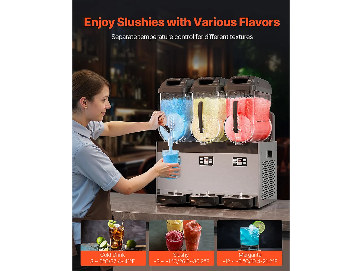 Machine à Granité Commerciale SucceBuy 12 Lx3, Machine à Boissons Glacées à Triple Réservoir, Acier Inoxydable pour la Maison, la Fête, le Café