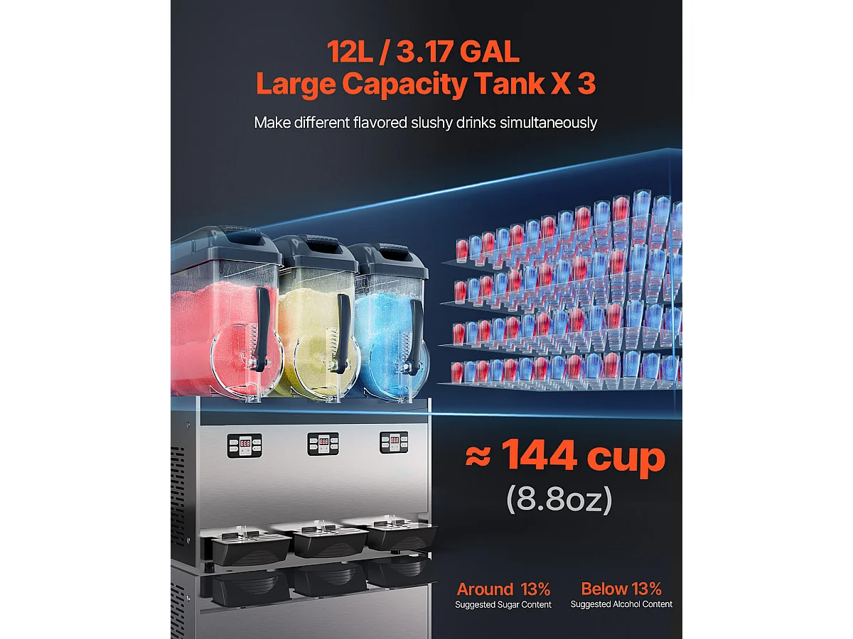 Machine à Granité Commerciale SucceBuy 12 Lx3, Machine à Boissons Glacées à Triple Réservoir, Acier Inoxydable pour la Maison, la Fête, le Café