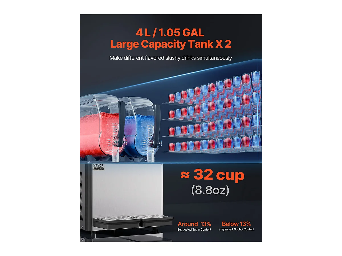 Máquina de Granizado Comercial SucceBuy, Máquina de Bebidas Frías con Doble Depósito 4Lx2, en Acero Inoxidable, para Margarita, Smoothie