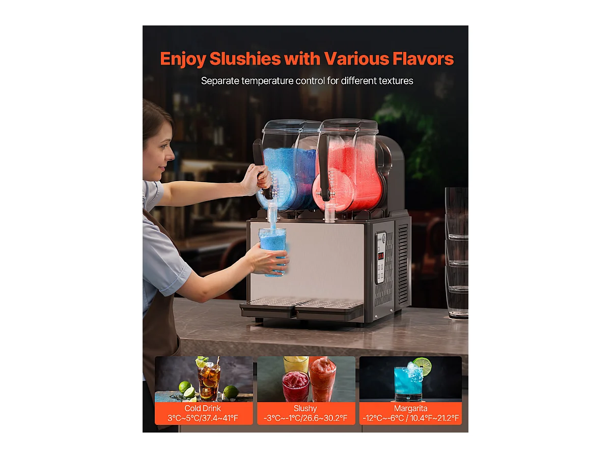 Máquina de Granizado Comercial SucceBuy, Máquina de Bebidas Frías con Doble Depósito 4Lx2, en Acero Inoxidable, para Margarita, Smoothie