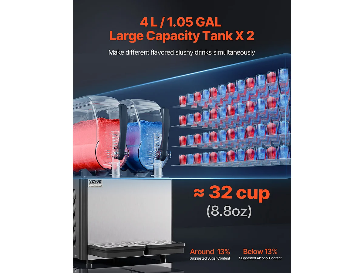 Máquina de Granizado Comercial SucceBuy, Máquina de Bebidas Geladas com Dobro Reservatório 4Lx2, em Aço Inoxidável, para Margarita, Smoothie