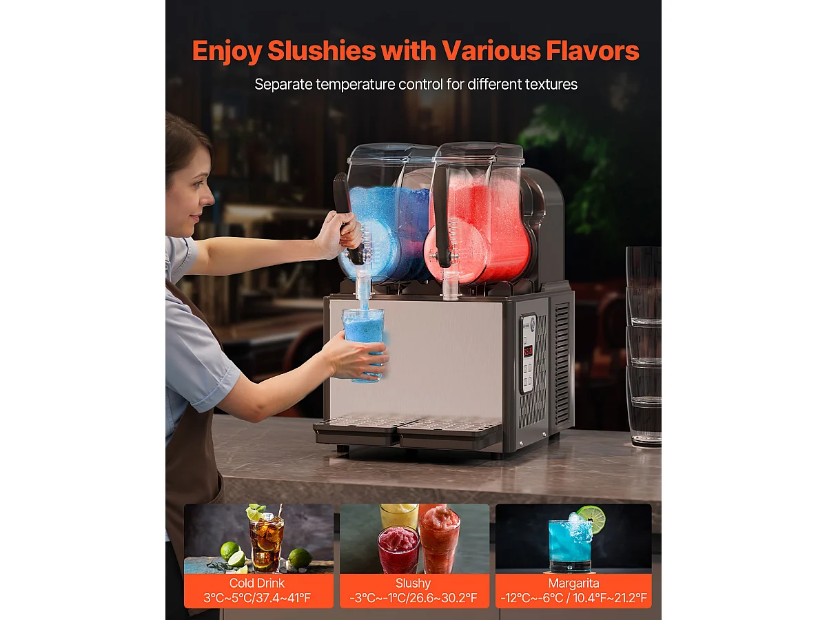 Máquina de Granizado Comercial SucceBuy, Máquina de Bebidas Geladas com Dobro Reservatório 4Lx2, em Aço Inoxidável, para Margarita, Smoothie