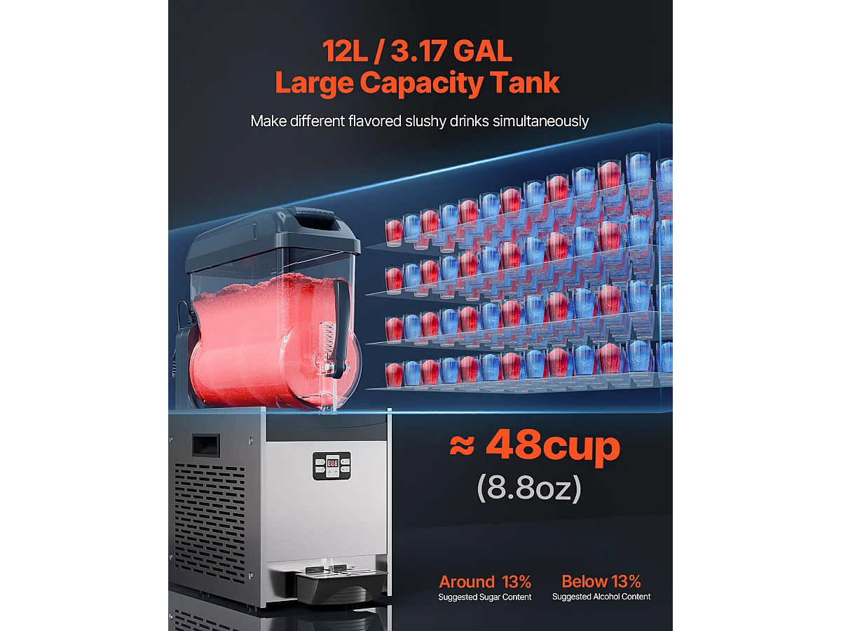 Machine à Granité Commerciale SucceBuy, 12 L, 48 Tasses, Acier Inoxydable, pour la Maison, les Fêtes, les Restaurants, les Cafés et les Bars