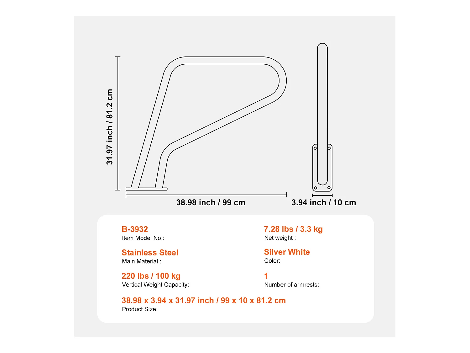 Main Courante de Piscine, SucceBuy Rampe de Piscine 99×81 cm en Acier Inoxydable pour Spas et Piscines