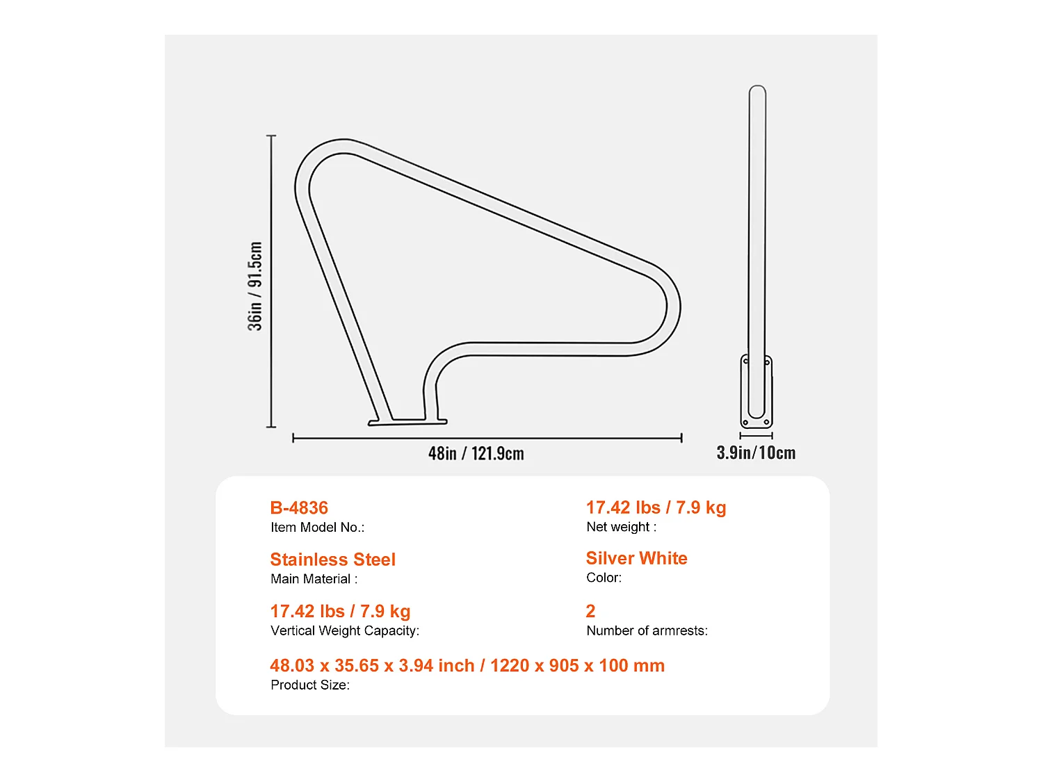 Main Courante de Piscine, SucceBuy Rampe de Piscine 2 Pièces 122×91 cm en Acier Inoxydable avec Plaque de Base pour Spas