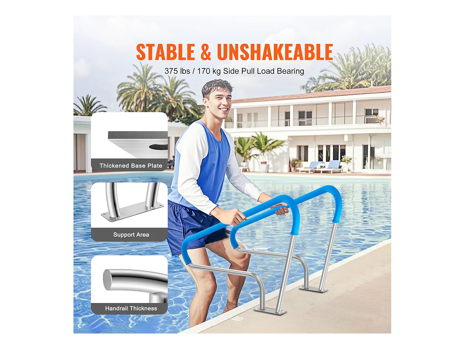 Main Courante de Piscine, SucceBuy Rampe de Piscine 2 Pièces 122×91 cm en Acier Inoxydable avec Plaque de Base pour Spas