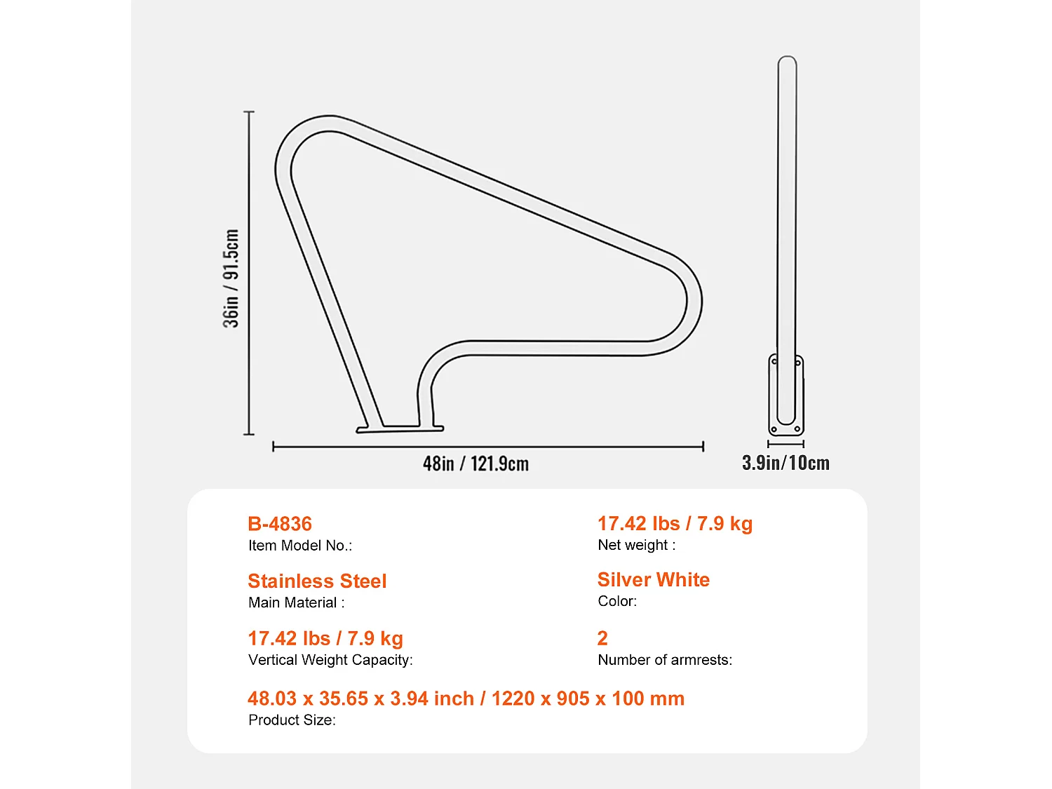 Main Courante de Piscine, SucceBuy Rampe de Piscine 2 Pièces 122×91 cm en Acier Inoxydable avec Plaque de Base pour Spas