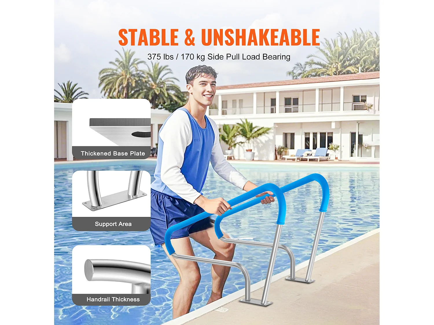 Main Courante de Piscine, SucceBuy Rampe de Piscine 2 Pièces 122×91 cm en Acier Inoxydable avec Plaque de Base pour Spas