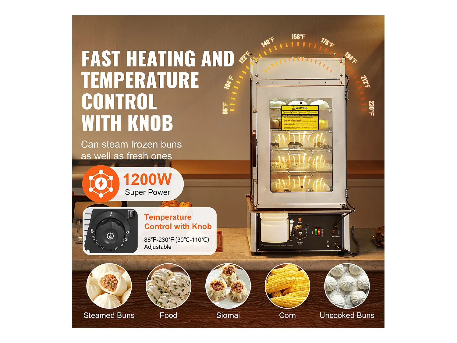 Vitrine Chauffante pour Aliments Commerciaux SucceBuy Cuiseur Vapeur Électrique à 5 Niveaux, Chauffage à la Vapeur pour Divers Aliments