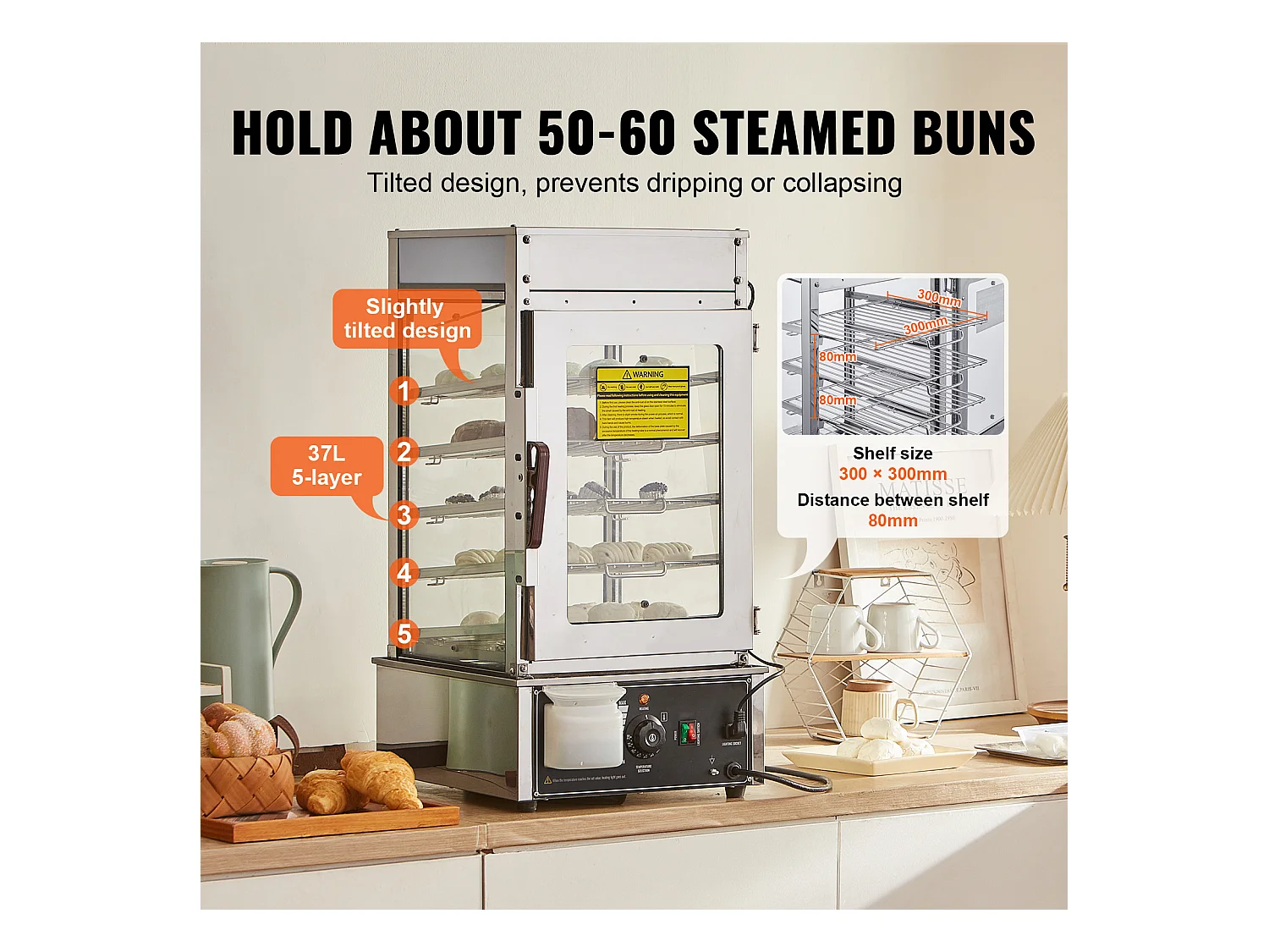 Vitrine Chauffante pour Aliments Commerciaux SucceBuy Cuiseur Vapeur Électrique à 5 Niveaux, Chauffage à la Vapeur pour Divers Aliments