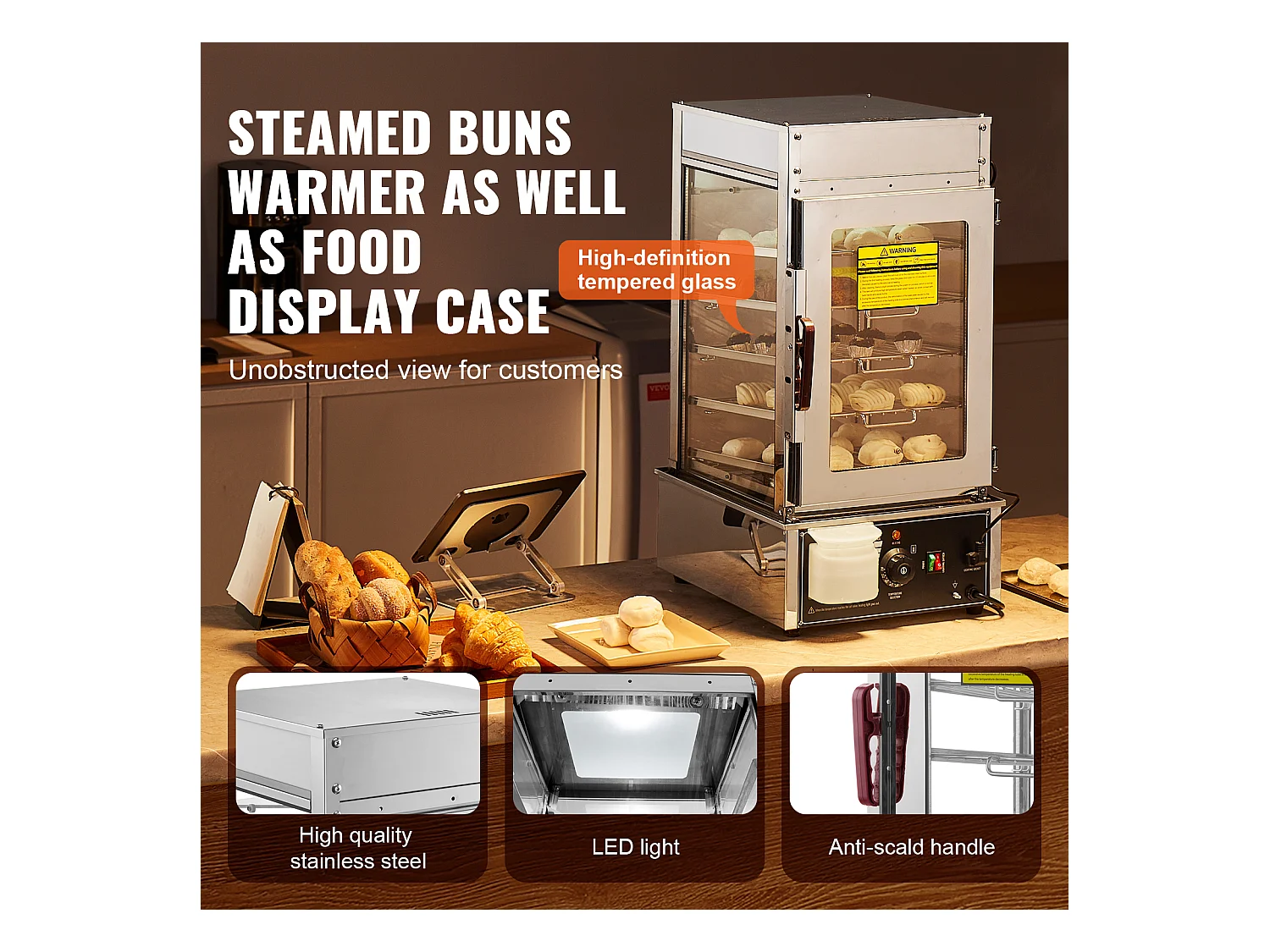 Vitrine Chauffante pour Aliments Commerciaux SucceBuy Cuiseur Vapeur Électrique à 5 Niveaux, Chauffage à la Vapeur pour Divers Aliments